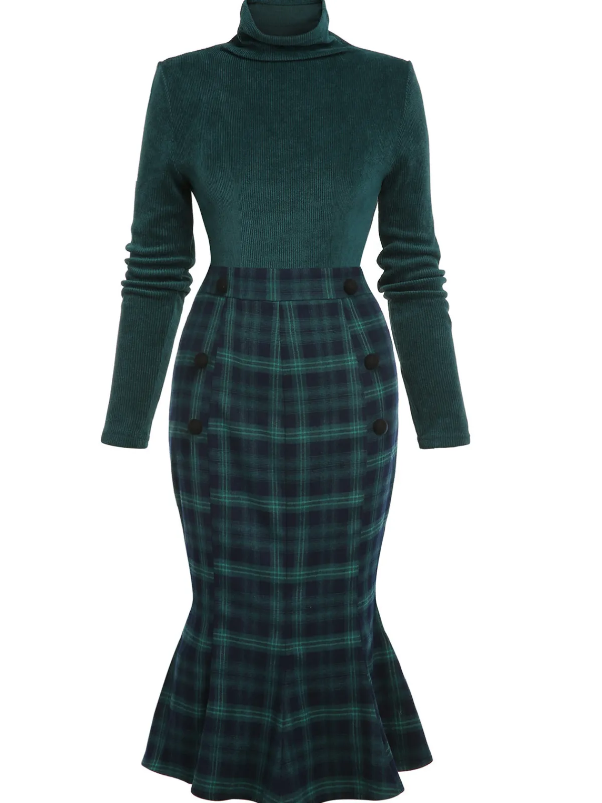 Fashion Retro Stage 1930s Plaid Turtleneck Fishtail Dress Green