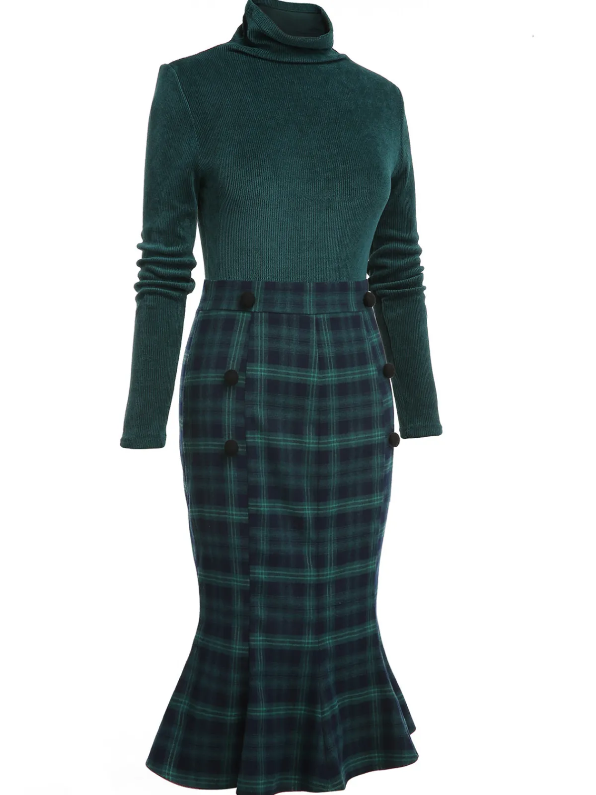 Fashion Retro Stage 1930s Plaid Turtleneck Fishtail Dress Green