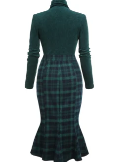 Fashion Retro Stage 1930s Plaid Turtleneck Fishtail Dress Green