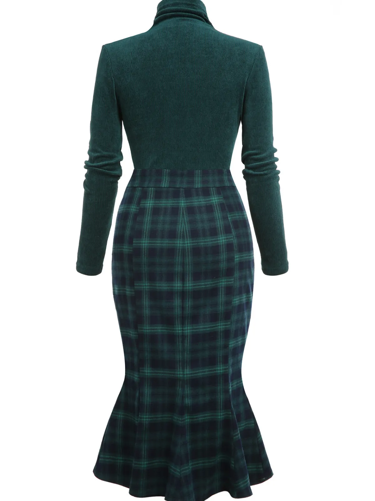 Fashion Retro Stage 1930s Plaid Turtleneck Fishtail Dress Green