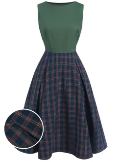 Hot Retro Stage Green 1940s Plaids Patchwork Sleeveless Dress Dark Green