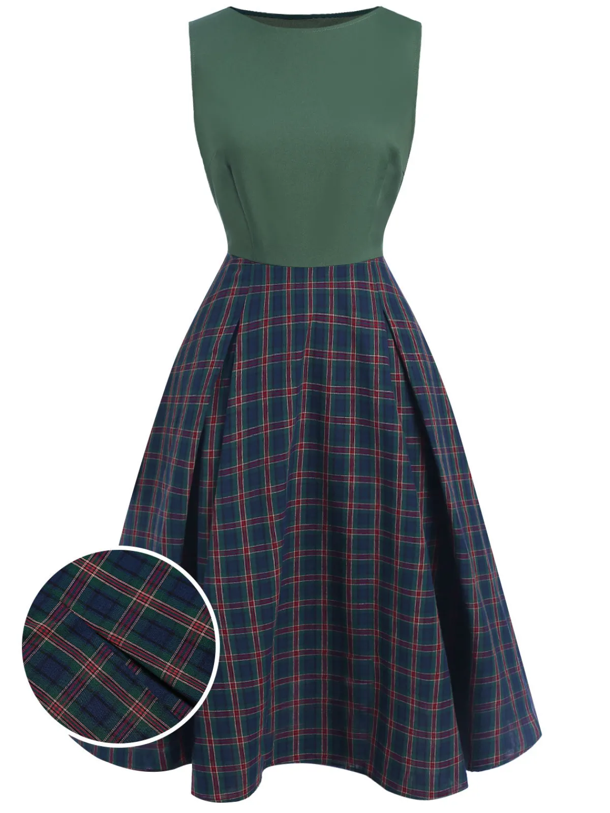 Hot Retro Stage Green 1940s Plaids Patchwork Sleeveless Dress Dark Green