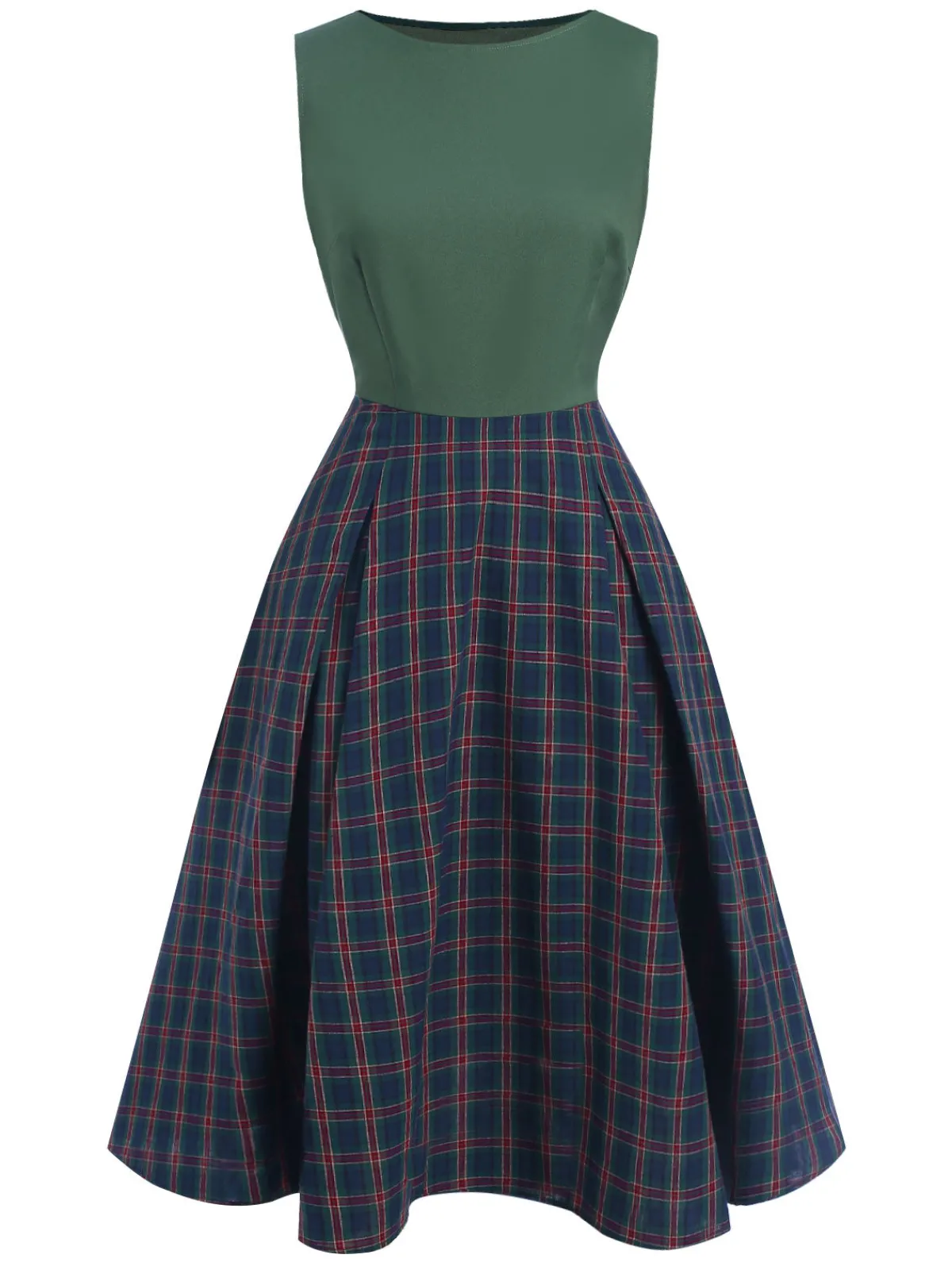 Hot Retro Stage Green 1940s Plaids Patchwork Sleeveless Dress Dark Green