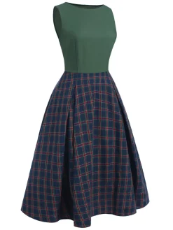 Hot Retro Stage Green 1940s Plaids Patchwork Sleeveless Dress Dark Green