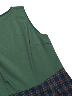 Hot Retro Stage Green 1940s Plaids Patchwork Sleeveless Dress Dark Green