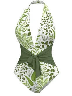 Hot Retro Stage 1960s Plant Print Halter One-Piece Swimsuit Green