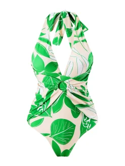 Sale Retro Stage 1960s Plant Prints Halter One-Piece Swimsuit Green