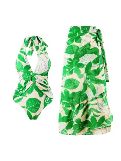 Sale Retro Stage 1960s Plant Prints Halter One-Piece Swimsuit Green