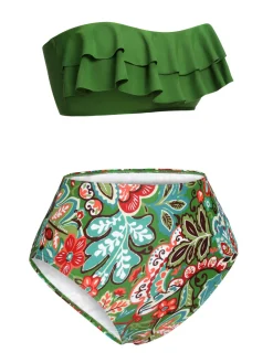 Online Retro Stage Green 1950s Plants Print Bandeau Bikini Swimsuit