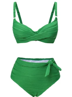 Discount Retro Stage 1960s Pleated Solid Swimsuit Green
