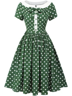 Best Retro Stage 1940s Polka Dot Bowknot Patchwork Dress Green