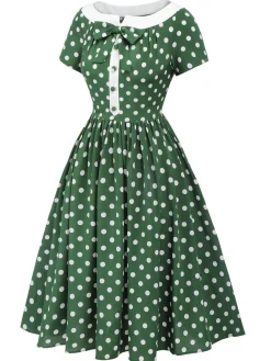 Best Retro Stage 1940s Polka Dot Bowknot Patchwork Dress Green