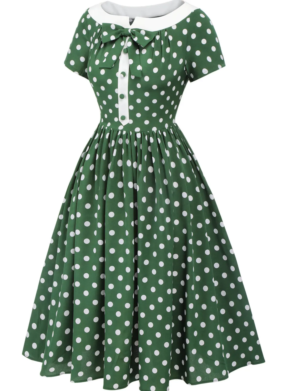 Best Retro Stage 1940s Polka Dot Bowknot Patchwork Dress Green
