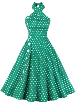 New Retro Stage Green 1950s Polka Dot Halter Dress