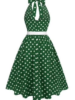 Best Retro Stage Green 1950s Polka Dot Halter Dress
