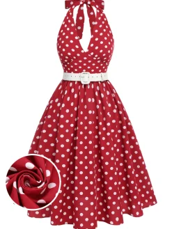 Best Retro Stage Green 1950s Polka Dot Halter Dress