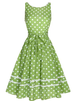 Clearance Retro Stage 1950s Polka Dot Lace Binding Dress Green