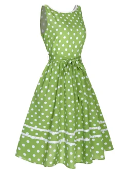 Clearance Retro Stage 1950s Polka Dot Lace Binding Dress Green