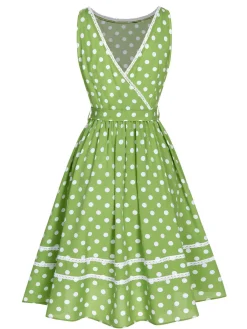 Clearance Retro Stage 1950s Polka Dot Lace Binding Dress Green