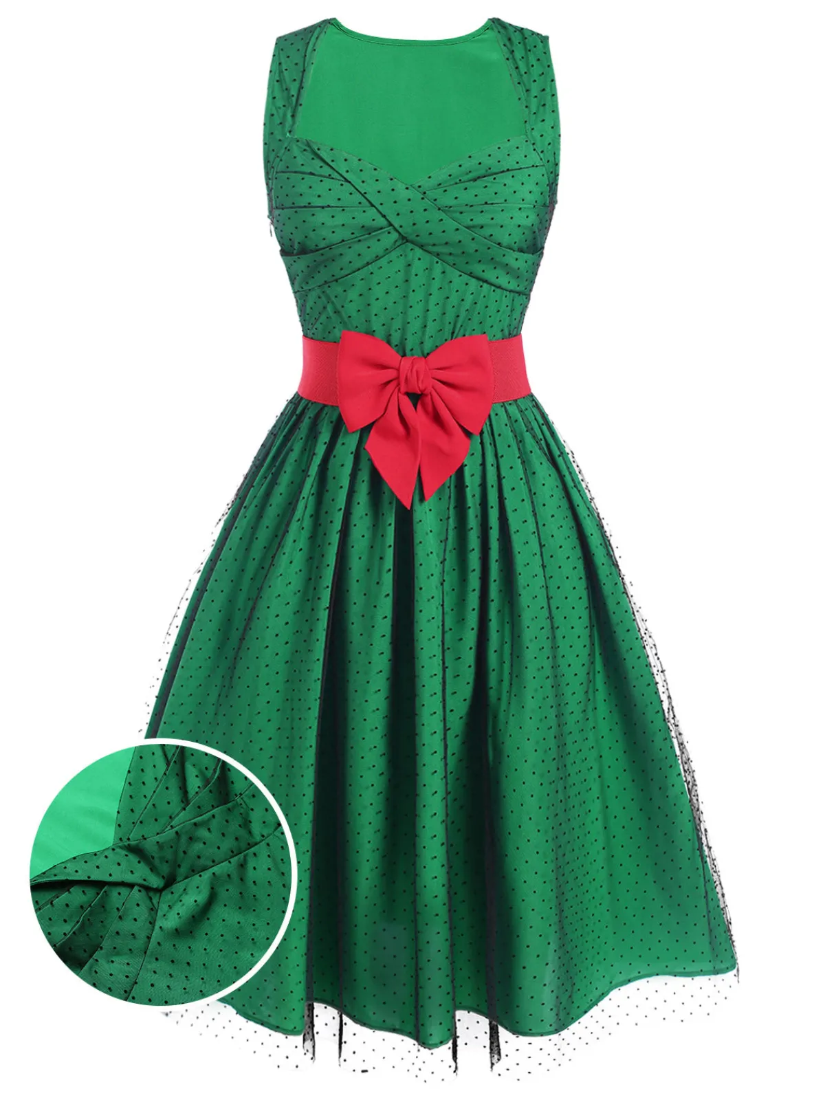 Discount Retro Stage 1950s Polka Dot Mesh Patchwork Dress Green