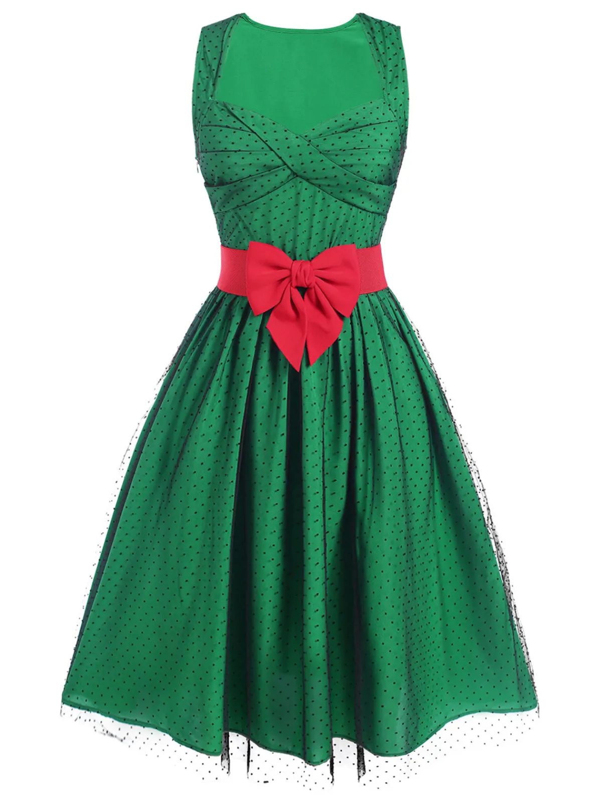 Discount Retro Stage 1950s Polka Dot Mesh Patchwork Dress Green