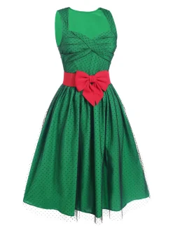 Discount Retro Stage 1950s Polka Dot Mesh Patchwork Dress Green