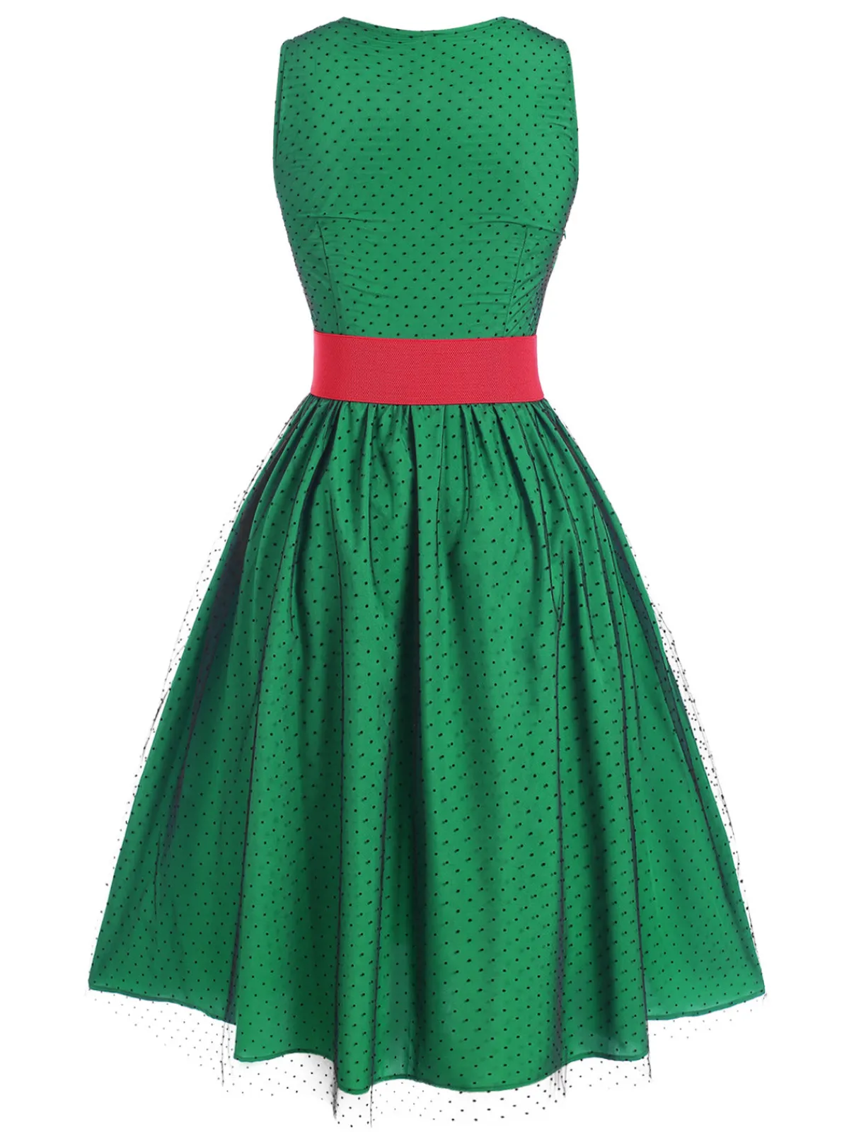 Discount Retro Stage 1950s Polka Dot Mesh Patchwork Dress Green