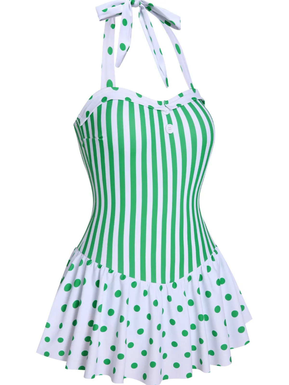 Best Retro Stage Green 1940s Polka Dots Stripes Halter Swimsuit Light Green
