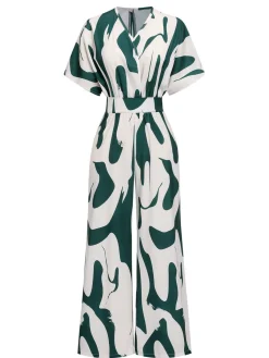 Fashion Retro Stage 1940s Print Wide-Leg Jumpsuit Green