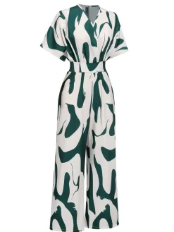 Fashion Retro Stage 1940s Print Wide-Leg Jumpsuit Green