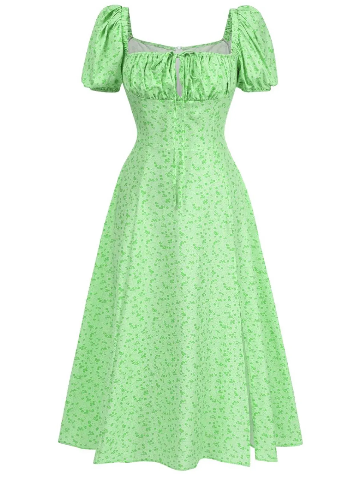 New Retro Stage 1970s Puff Sleeve Ditsy Floral Slit Dress Green