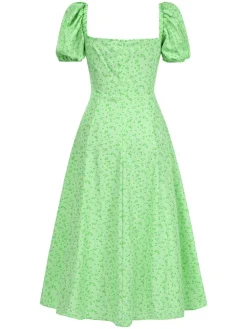 New Retro Stage 1970s Puff Sleeve Ditsy Floral Slit Dress Green