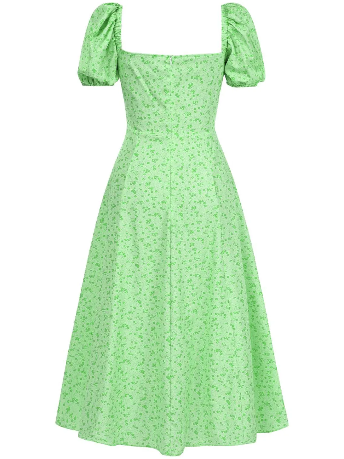 New Retro Stage 1970s Puff Sleeve Ditsy Floral Slit Dress Green