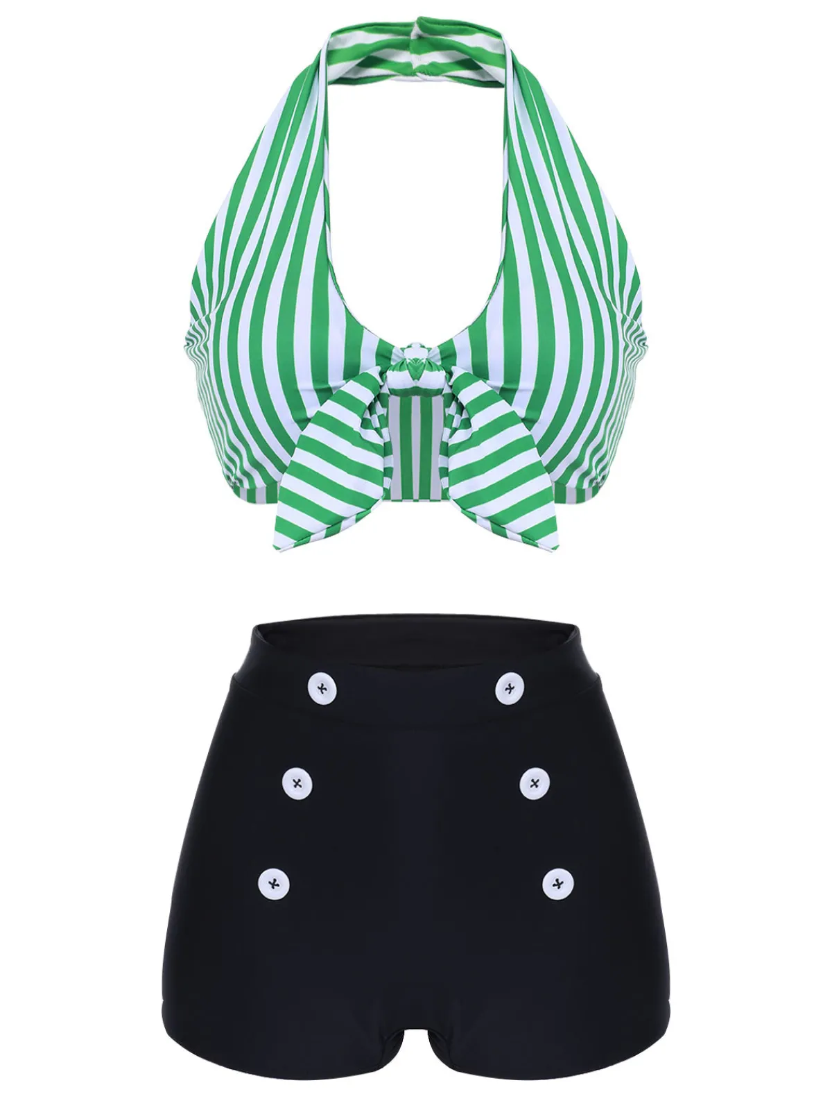 Sale Retro Stage Green 1950s Retro Halter Stripes Bikini Set
