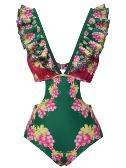 Outlet Retro Stage 1950s Retro-Flowers V-Neck Swimsuit Green