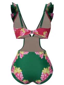 Outlet Retro Stage 1950s Retro-Flowers V-Neck Swimsuit Green