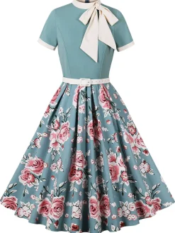 Best Retro Stage Green 1950s Rose Patchwork Tie Collar Dress Lake Green