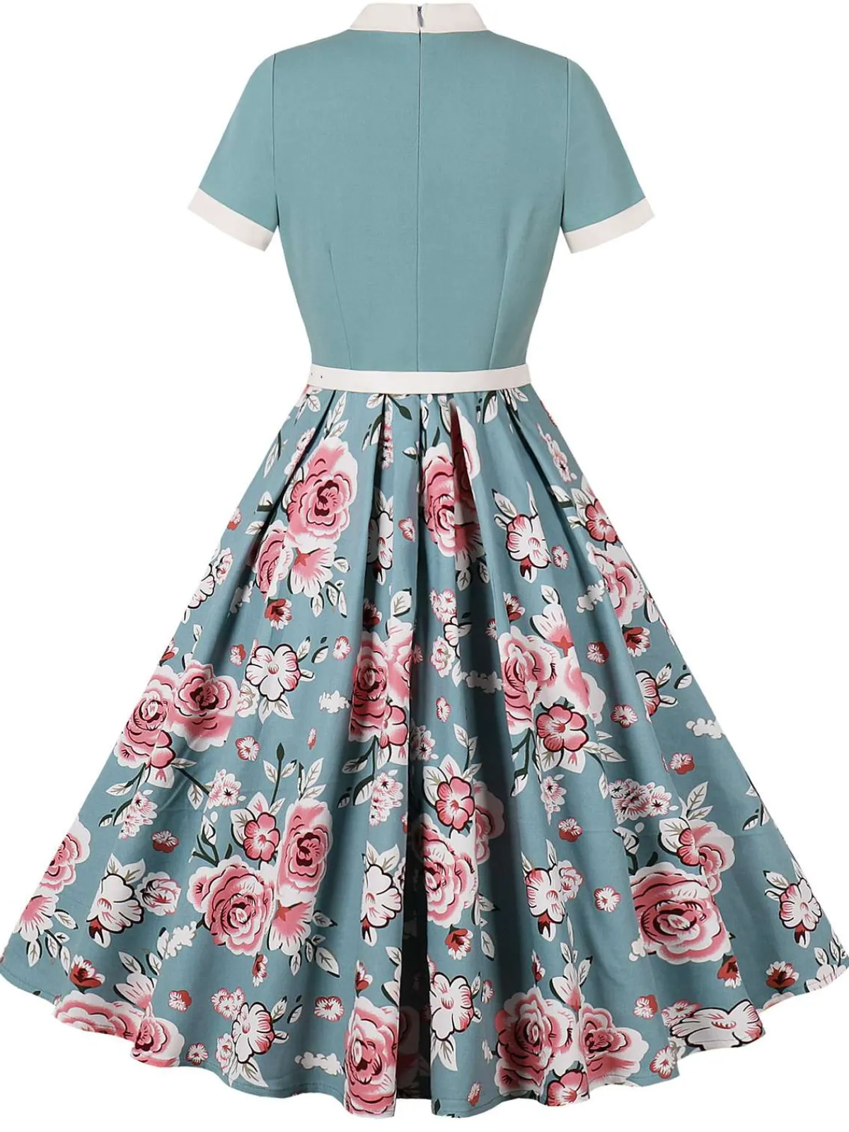 Best Retro Stage Green 1950s Rose Patchwork Tie Collar Dress Lake Green