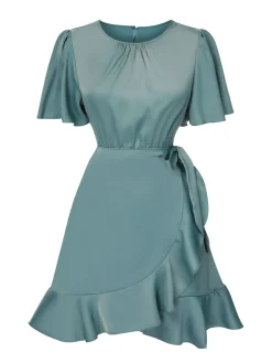 Hot Retro Stage 1980s Round Neck Solid Ruffles Mermaid Dress Green