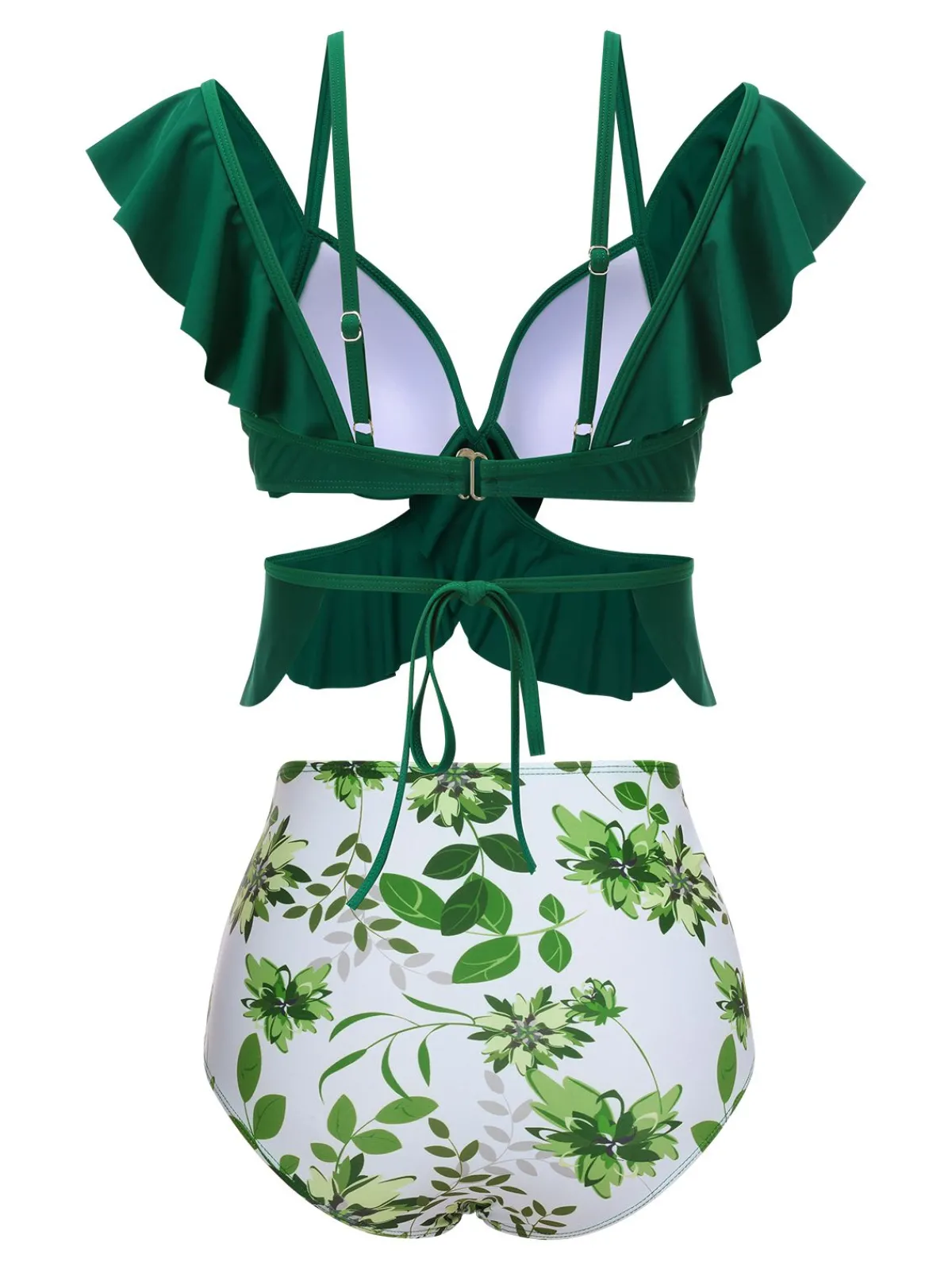 Online Retro Stage 1940s Ruffles Floral Spaghetti Strap Swimsuit Green