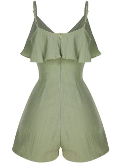 New Retro Stage 1950s Ruffles Spaghetti Straps Romper Green