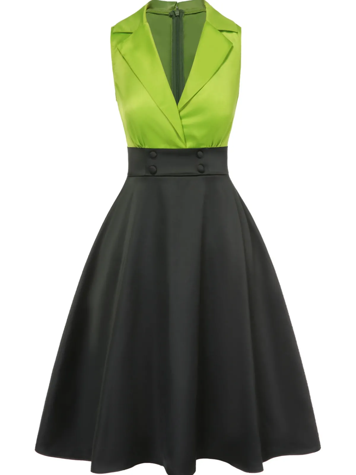 Best Retro Stage 1950s Satin Lapel Patchwork Dress Green