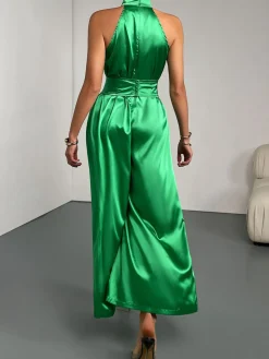 Outlet Retro Stage Green 1930s Satin Stand Collar Wideleg Jumpsuit Bright Green