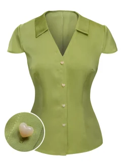 Best Retro Stage 1940s Satin V-Neck Buttons Shirt Green