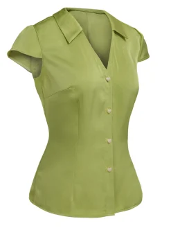 Best Retro Stage 1940s Satin V-Neck Buttons Shirt Green