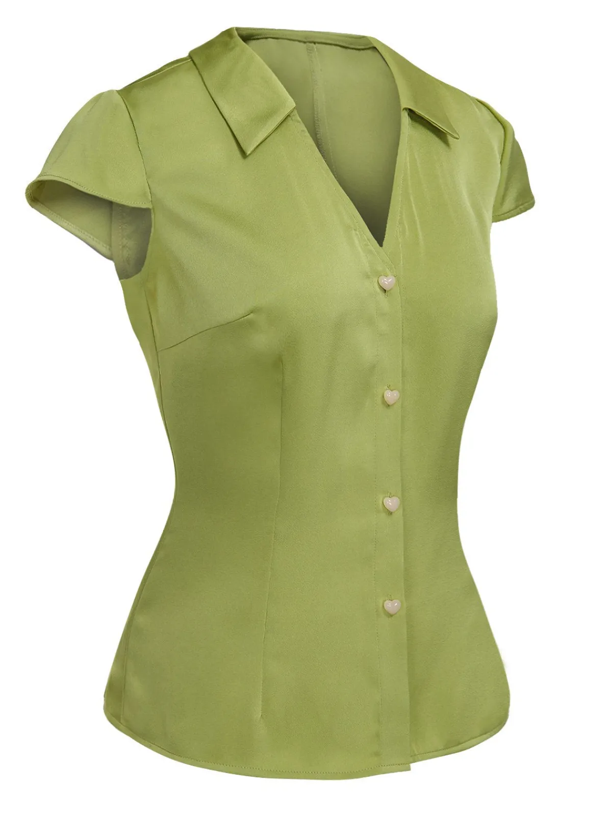 Best Retro Stage 1940s Satin V-Neck Buttons Shirt Green