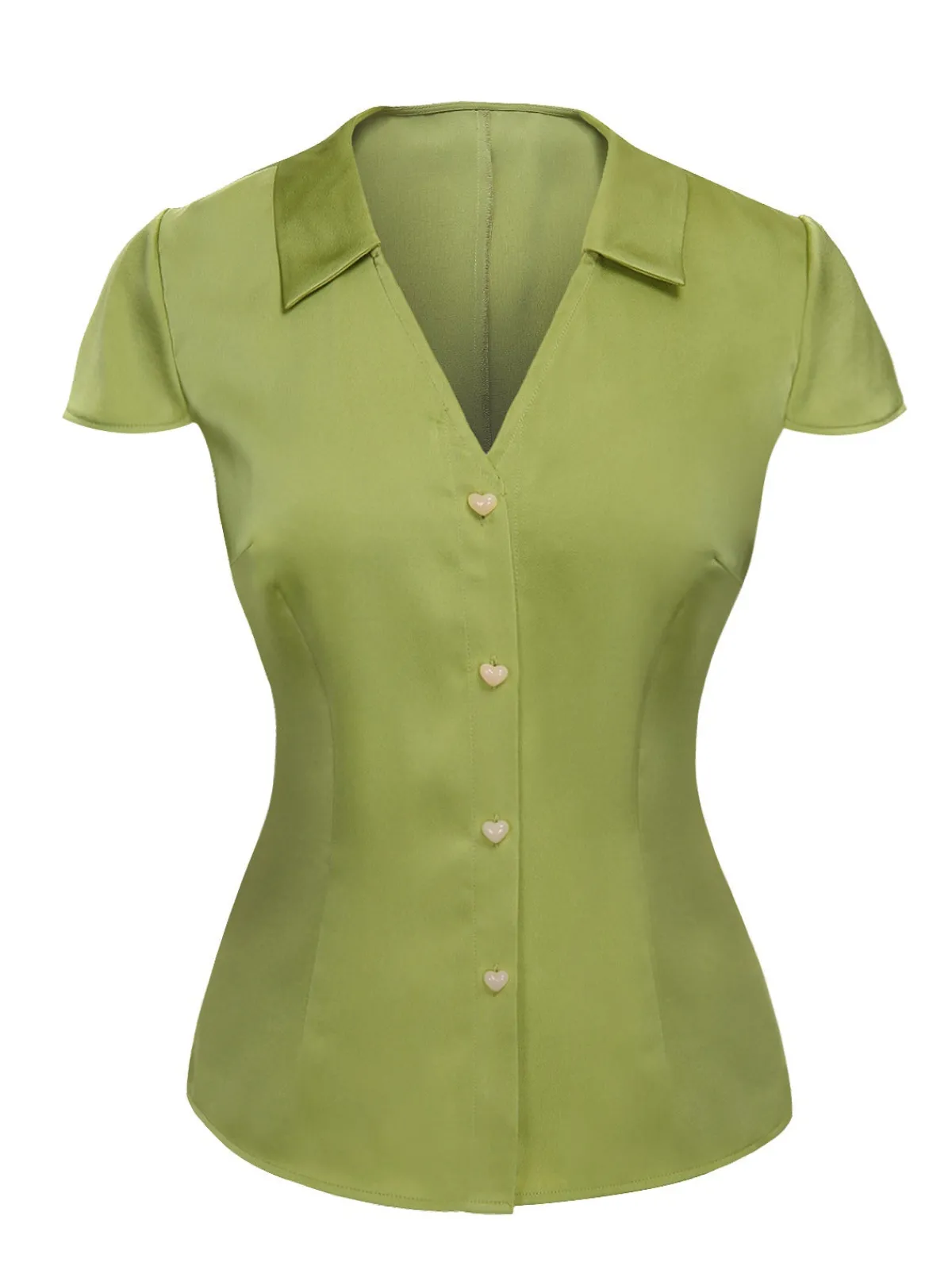 Best Retro Stage 1940s Satin V-Neck Buttons Shirt Green