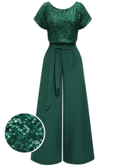 Discount Retro Stage 1960s Sequined Wide-Leg Jumpsuit Green