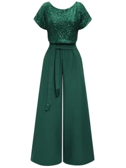 Discount Retro Stage 1960s Sequined Wide-Leg Jumpsuit Green