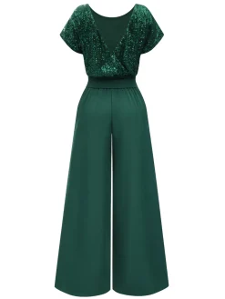 Discount Retro Stage 1960s Sequined Wide-Leg Jumpsuit Green